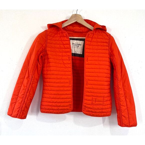 Abercrombie & Fitch Womens Open Front Puffer‎ Jacket XS Orange Quilted Packable - Picture 1 of 9